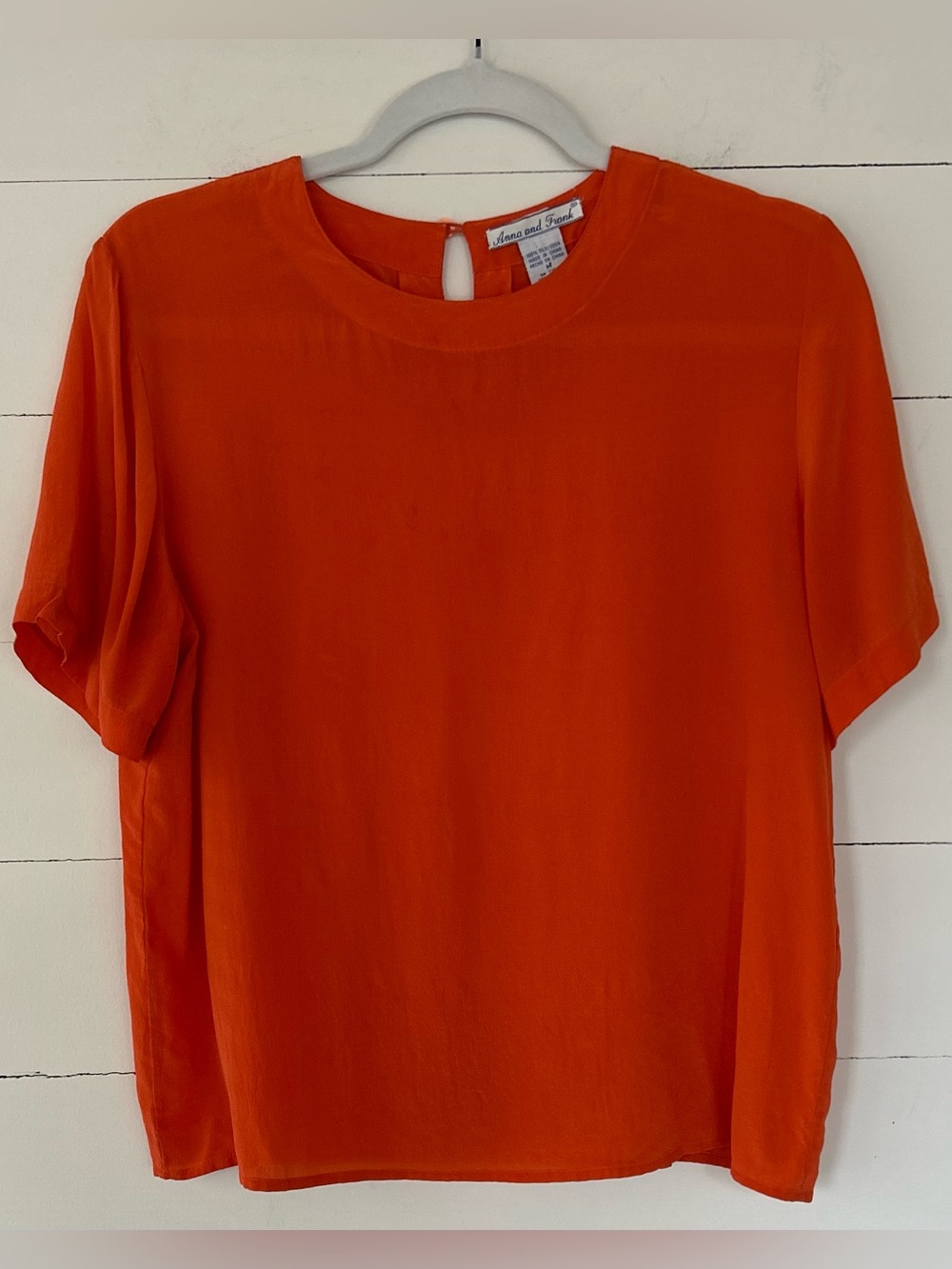 Anna And Frank Vibrant Orange Short  Sleeve Silk Blouse, Size Medium